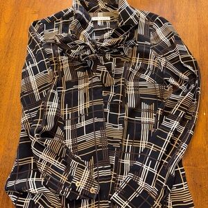 Trina Turk size 2  Black and White 💯 silk Plaid Blouse.